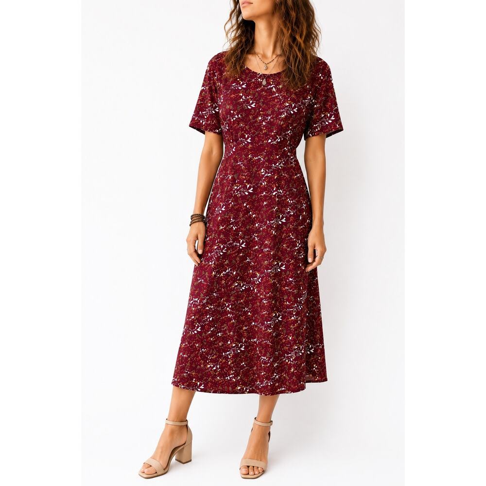 PIPER & SCOOT Burgundy Floral Midi Dress Cottagecore Flutter Sleeve NWT Large